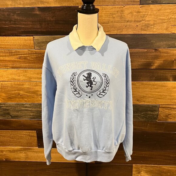 Hollister Tops - Hollister Women's Collared Blue Graphic Print Cotton Blend Pullover, Size Large
